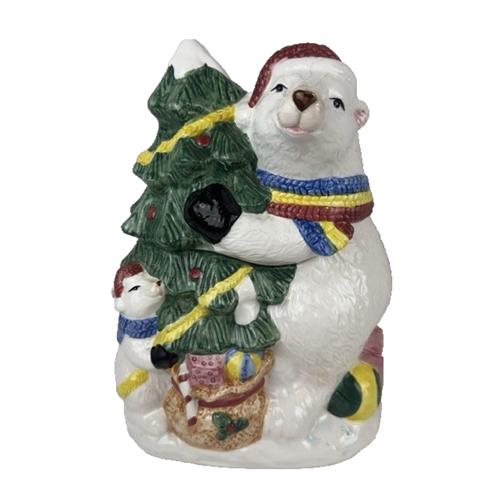 POLAR BEAR w/cub Hugs Cookie Jar Ceramic hand painted Christmas Tree Holiday